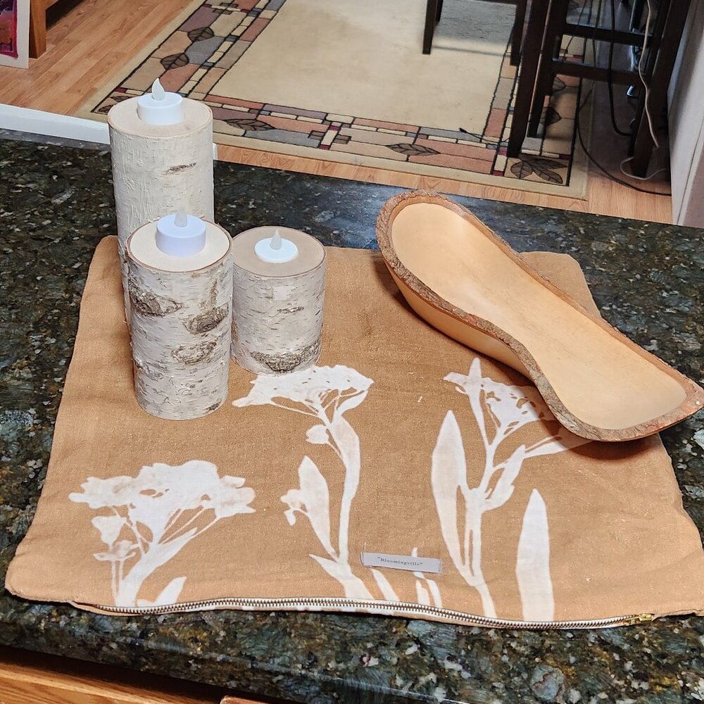 RELAX in  your space with birch bark candle stands, linen pillow sham, wood bowl